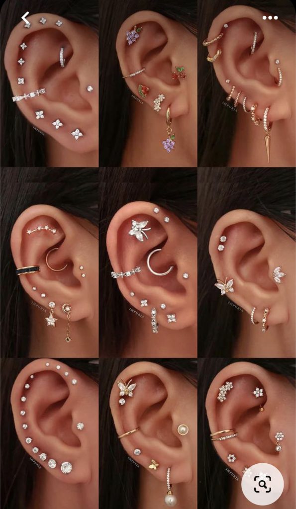Collage de orejas con distintos piercings y joyas